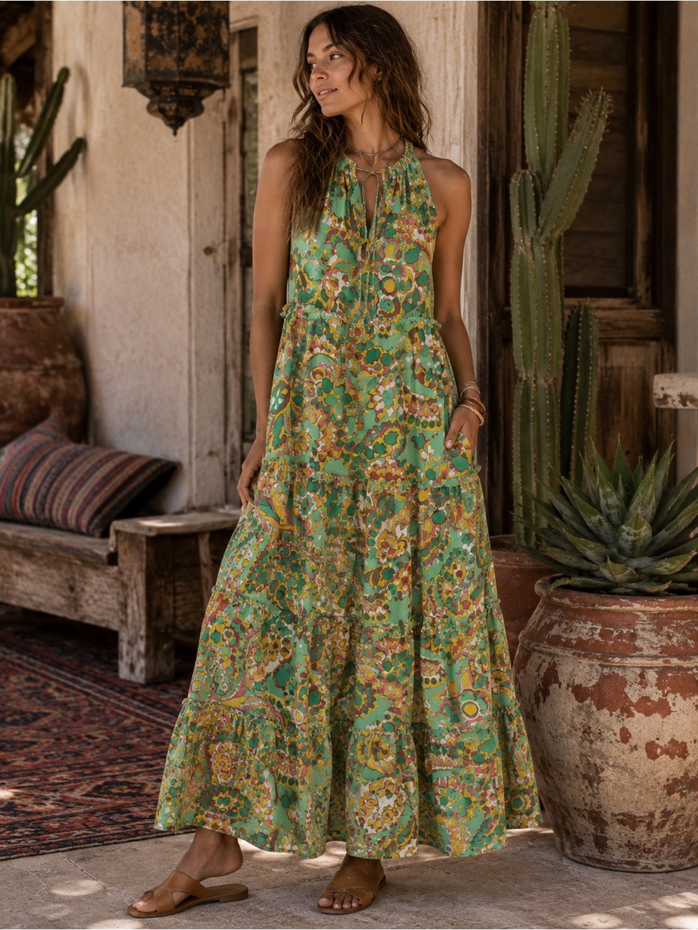 HOUSE OF HARLOW 1960 Cotton Gauze Tiered Halter Green Maxi Dress Size Small